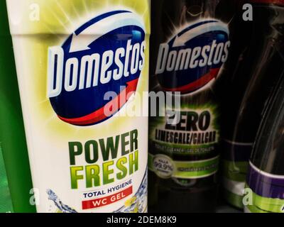 BELGRADE, SERBIE - 2 NOVEMBRE 2020 : logo du détergent Domestos sur les bouteilles de nettoyant pour toilettes à vendre. Domestos est une marque britannique de chimiques domestiques Banque D'Images