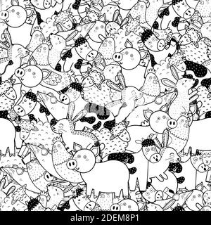 Adorable animaux de ferme noir et blanc sans couture motif. Page de coloriage avec des personnages drôles Illustration de Vecteur