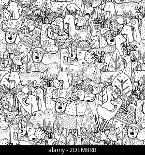 Doodle Deers noir et blanc sans couture. Page de coloriage des rennes d'hiver Illustration de Vecteur