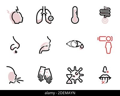 Ensemble d'icônes vectorielles noires, isolées sur fond blanc. Illustration sur un thème les principaux symptômes de la maladie respiratoire Illustration de Vecteur