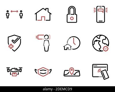 Ensemble d'icônes vectorielles noires, isolées sur fond blanc. Illustration sur un thème quarantaine et technologies aidant à le contrôler Illustration de Vecteur