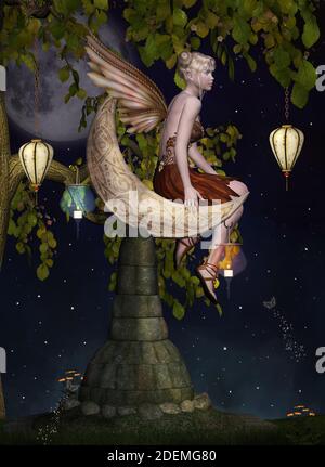 Fée blonde assise sur un piédestal sous le clair de lune Banque D'Images