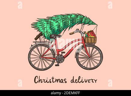 Vélo avec un arbre de Noël. Épicéa dans les bagages de la moto. Concept de livraison. Illustration vectorielle pour étiquette, badge, logo, carte postale ou bannière Illustration de Vecteur