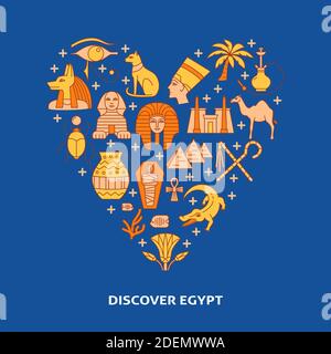 Affiche avec icônes égyptiennes en style de ligne colorée. Symboles nationaux, y compris pharaon, Sphinx et pyramides. Illustration vectorielle avec place pour le texte. Illustration de Vecteur