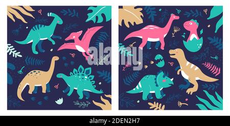 Différents dinosaures - ensemble d'illustrations de style plat avec de jolis personnages de dessin animé, dinos. Collection d'animaux éteints, ornitosaurus, T-rex, Illustration de Vecteur