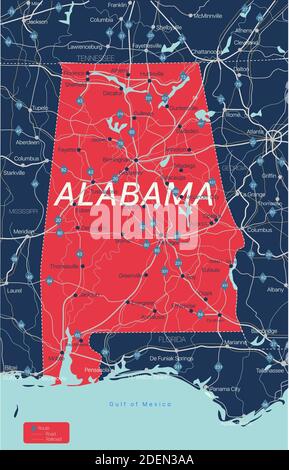Carte modifiable détaillée de l'État de l'Alabama avec villes et villes, sites géographiques, routes, chemins de fer, autoroutes et autoroutes américaines. Fichier vectoriel EPS-10, Illustration de Vecteur