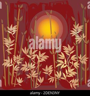 Illustration du coucher de soleil sur un paysage asiatique avec Bambous en rouge et or Couleurs - Design de jardin Illustration de Vecteur