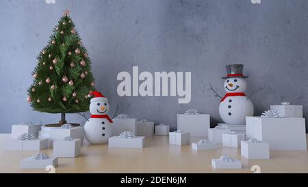 3DS rendu de l'arbre de noël et de l'homme de neige sur la table qui ont beaucoup de cadeaux sur la table, bonne année et joyeux noël concept. moc mur Banque D'Images