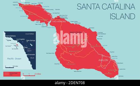 Carte détaillée de Santa Catalina Island, Californie, États-Unis. Carte modifiable avec villes, sites géographiques, routes, chemins de fer. Vecteur EPS- Illustration de Vecteur