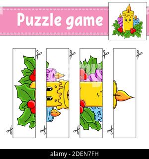 Jeu de puzzle pour enfants. Pratique de coupe. Thème de Noël. Feuille de travail de développement de l'éducation. Page activité. Personnage de dessin animé. Illustration de Vecteur