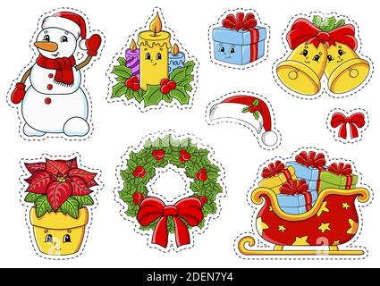 Ensemble d'autocollants avec de jolis personnages de dessin animé. Thème de Noël. Dessiné à la main. Pack coloré. Illustration vectorielle. Collection de badges patch. Conception de l'étiquette e Illustration de Vecteur