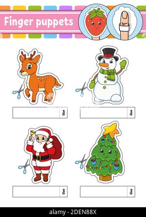 Marionnettes à doigts. Jeu d'activité pour enfants. Personnages mignons. Style de dessin animé. Thème de Noël. Illustration à vecteur de couleur. Illustration de Vecteur