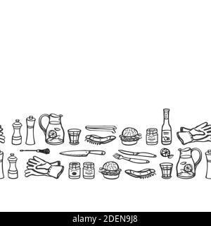 Barbecue d'été, jardin, fête. Arrière-plan vectoriel transparent. Forme de plume. Outils de cuisine. Nourriture, vêtements de cuisine, fête d'été. Vignette Vector EPS 10. Illustration de Vecteur