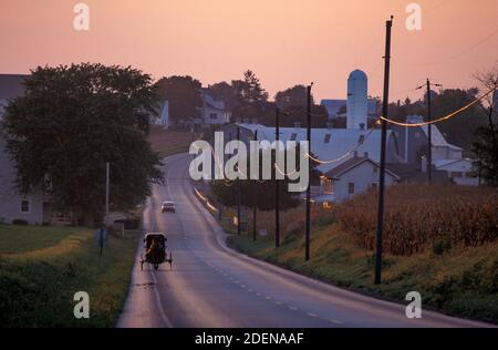 États-Unis, côte est, Pennsylvanie, Paradise, route rurale avec buggy Amish Banque D'Images