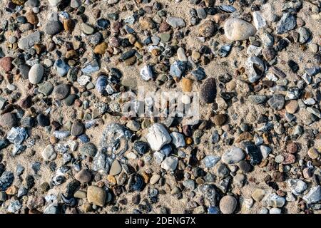 Texture de plage avec sable, pierres, cailloux et coquillages. Banque D'Images