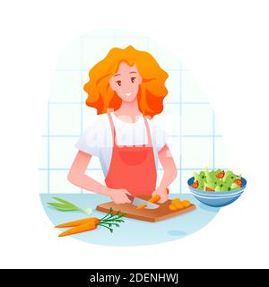 Jeune fille coupant la carotte, cuisant de la salade de légumes verts Illustration de Vecteur