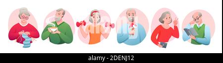 Activités pour les personnes âgées avec avatars ronds de dessins animés Illustration de Vecteur