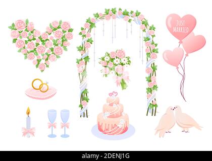 Illustration vectorielle des éléments de mariage. Collection de décorations de mariage rose de dessin animé avec ballons en forme de coeur, bagues de bijoux de marié de mariée, oiseaux de colombe Illustration de Vecteur