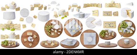 Ensemble de fromages moddy Camembert isolé sur fond blanc. Mélange de camembert brie et de moule bleu. Banque D'Images