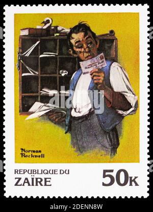 MOSCOU, RUSSIE - 28 JUIN 2020 : le timbre-poste imprimé au Zaïre montre Norman Rockwell (1894-1978) le travailleur postal, série, vers 1981 Banque D'Images