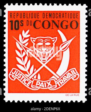 MOSCOU, RUSSIE - 28 JUIN 2020: Timbre-poste imprimé au Congo montre des armoiries, série, vers 1969 Banque D'Images