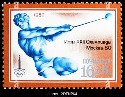 MOSCOU, RUSSIE - 28 JUIN 2020 : timbre-poste imprimé en Union soviétique montre Hammer Throw, série Jeux Olympiques d'été 1980 (XIV), vers 1980 Banque D'Images