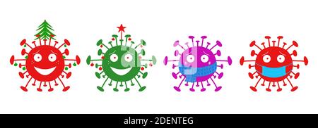 Les fêtes d'hiver caricature coronavirus bacterias ensemble isolé sur un fond blanc. Illustration de Vecteur