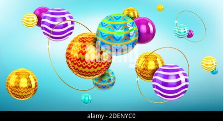Arrière-plan abstrait avec sphères 3d et anneaux dorés. Composition holographique vectorielle de boules avec motif de couleur et ornement et anneaux dorés. Papier peint géométrique moderne et créatif Illustration de Vecteur