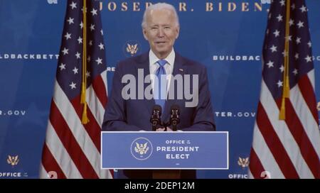 Wilmington, États-Unis. 1er décembre 2020. Le président élu Joe Biden et le vice-président élu Kamala Harris présentent leurs candidats et leurs personnes nommées à des postes clés de politique économique à Wilmington, Delaware, le 1er décembre 2020. Sur la photo : le président élu Joe Biden. (Photo de Biden-Harris transition/Sipa USA) crédit: SIPA USA/Alay Live News Banque D'Images