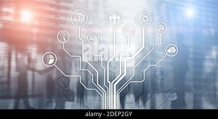 Technologie d'affaires financières utilisant le concept de vie de la liberté d'Internet. Icônes d'applications sur fond flou. Icônes interface de ligne fine Banque D'Images