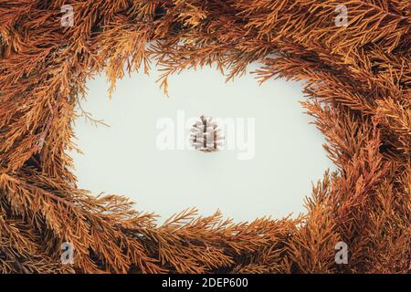 Cadre circulaire avec branches ou aiguilles de pin isolées sur fond blanc. Décoration de Noël et du nouvel an. Banque D'Images