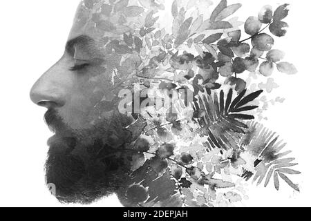 Un homme audacieux barbu avec des yeux fermés profil portrait floral la peinture Banque D'Images