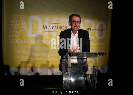 Président de Lyon Metropol et candidat aux prochaines élections municipales à Lyon David Kimelfeld prononce un discours lors d'une réunion tenue le 16 octobre 2019 à Lyon. Photo de Mathis Boussuge/ABACAPRESS.COM Banque D'Images