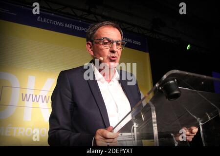 Président de Lyon Metropol et candidat aux prochaines élections municipales à Lyon David Kimelfeld prononce un discours lors d'une réunion tenue le 16 octobre 2019 à Lyon. Photo de Mathis Boussuge/ABACAPRESS.COM Banque D'Images