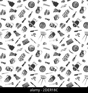 Motif de fête de jardin de barbecue de style Linocut. Fond de répétition vectorielle sans couture. Forme de plume. Outils de cuisine. Nourriture, vêtements de cuisine, fête d'été. Vignette Vector EPS 10. Illustration de Vecteur