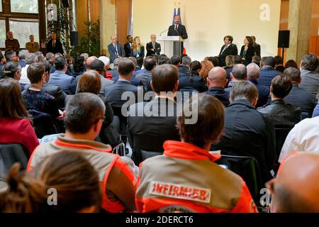 Nicole Belloubet, Garde des Sceaux, ministre de la Justice, Jean Michel Blanquer, ministre de l’éducation nationale et de la Jeunesse, Edouard Philippe, premier ministre, Agnes Buzyn, ministre des Solidarites et de la Sante, Christophe Castaner, ministre de l’Intereur, Julien Denordie ministre de la cohésion des territoires et des relations avec les collectivités territoriales, responsable de la ville et du logement, Laurent Nunez, secret d’etat aupres du ministère de l’intérieur, décous. A la préfecture de Seine Saint-Denis, Bobigny, France, le 31 octobre 2019. Tél Banque D'Images