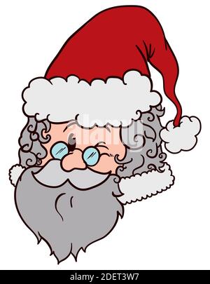 Joli portrait d'un Père Noël barbu qui se vante sur vous avec un chapeau et des lunettes molletonnés. Illustration de Vecteur
