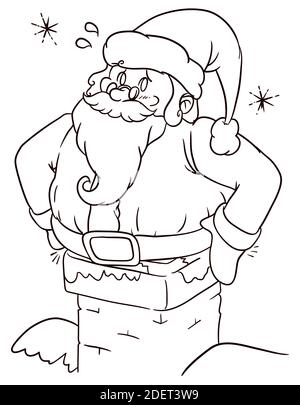 Scène drôle avec chubby Santa Claus coincé dans la cheminée dans le style dessiné à la main. Illustration de Vecteur