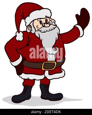 Le Père Noël festif vous salue dans sa tenue traditionnelle : vêtements et chapeau rouges, poignets et pompons blancs, bottes et gants, isolés sur le dos blanc Illustration de Vecteur
