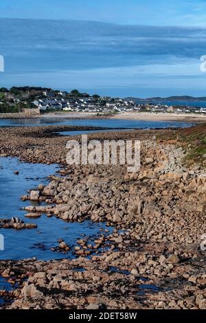 Plage de Porth Cressa, Hugh Town, Porth Cressa, îles de Scilly, Royaume-Uni Banque D'Images