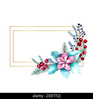 Cadre rectangulaire couleur d'eau d'hiver avec baies, fleurs de poinsettia, branches de sapin. Illustration de Noël dessinée à la main. Pour les invitations, les cartes de vœux Banque D'Images