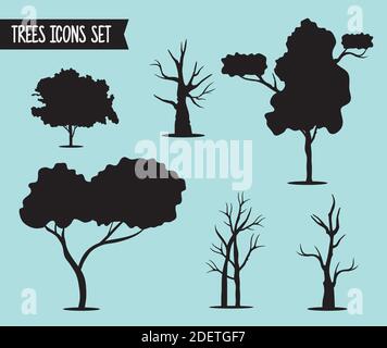 ensemble de six icônes de style de silhouette d'arbres et de lettrage Illustration de Vecteur