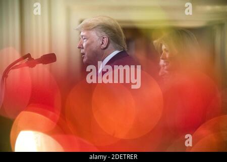 LE président AMÉRICAIN Donald J. Trump s'exprime lors d'une réception Hanoukkah dans la salle est de la Maison Blanche à Washington, DC, USA, le 11 décembre 2019. C'était la deuxième réception de la journée de Hanukkah du président. Banque D'Images