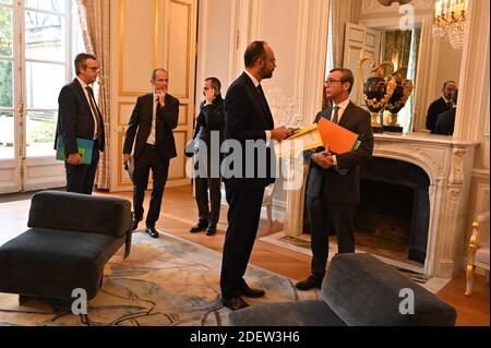 Conseil des ministres Edouard Phhilippe Charles HufnagelAlexis Kohler (sectaire général de l'Elysée) Zelia Cesarion Sibeth N Daye porte parole Thomas Fatome dir CAB adjoint préparation du point de presse hébdomadaire - une semaine avec le Premier ministre Edouard Philippe - Paris, France. Photo Elodie Gregoire/ABACAPRESS.COM Banque D'Images