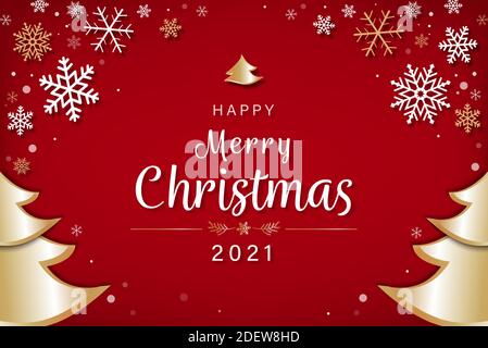 Joyeux Noël 2021 texte avec décoration flocon de neige et doré Arbre de Noël sur fond rouge de célébration Illustration de Vecteur