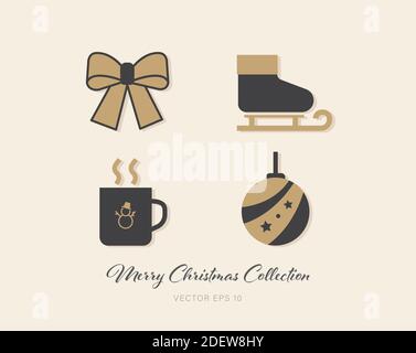 Magnifique lot d'icônes plates de Noël à thème doré et gris 4 motifs sur fond beige Illustration de Vecteur