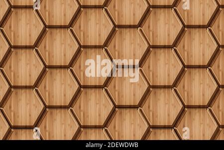 illustration 3d, fond en bois, panneaux verticaux bruns, hexagones Banque D'Images