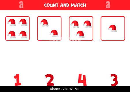 Compter les majuscules du Père Noël et les faire correspondre avec les chiffres. Jeu de mathématiques éducatif pour les enfants. Illustration de Vecteur