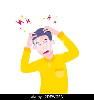 Jeune homme adulte souffrant de maux de tête de stress et tenant sa tête avec les mains. Illustration de Vecteur