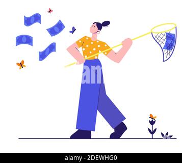 Femme essayant de prendre de l'argent avec un filet. Concept d'entreprise. Illustration vectorielle plate isolée sur fond blanc. Illustration de Vecteur